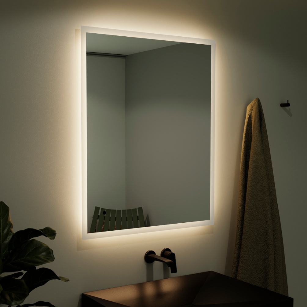 Product Lifestyle Image of the Origins Living Edison Rectangular Backlit LED Mirror EDS-011068-00 EDS-011108-00 EDS-011128-00